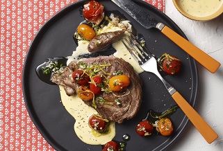 Grilled Aussie lamb with blistered cherry tomatoes and bearnaise